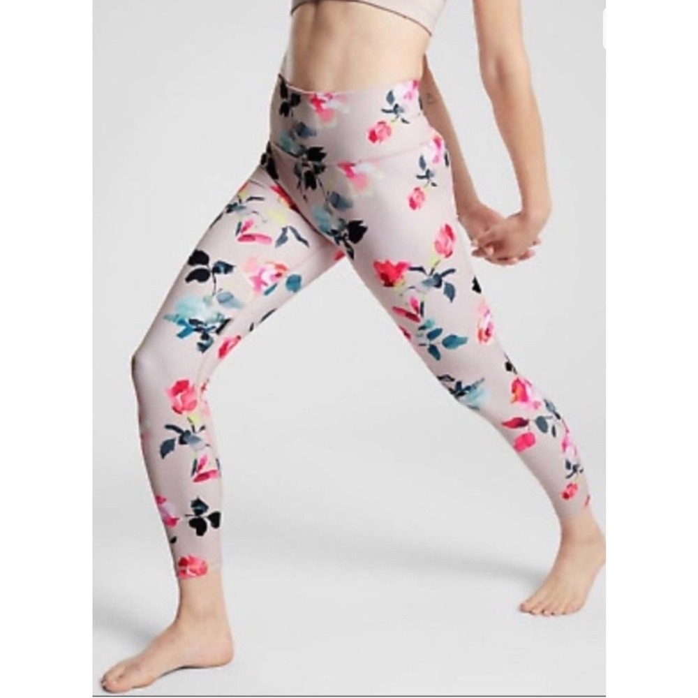 Athleta Elation 7/8 Painted Flower Leggings S Tall Womens Pink Pull On‎ Athletic